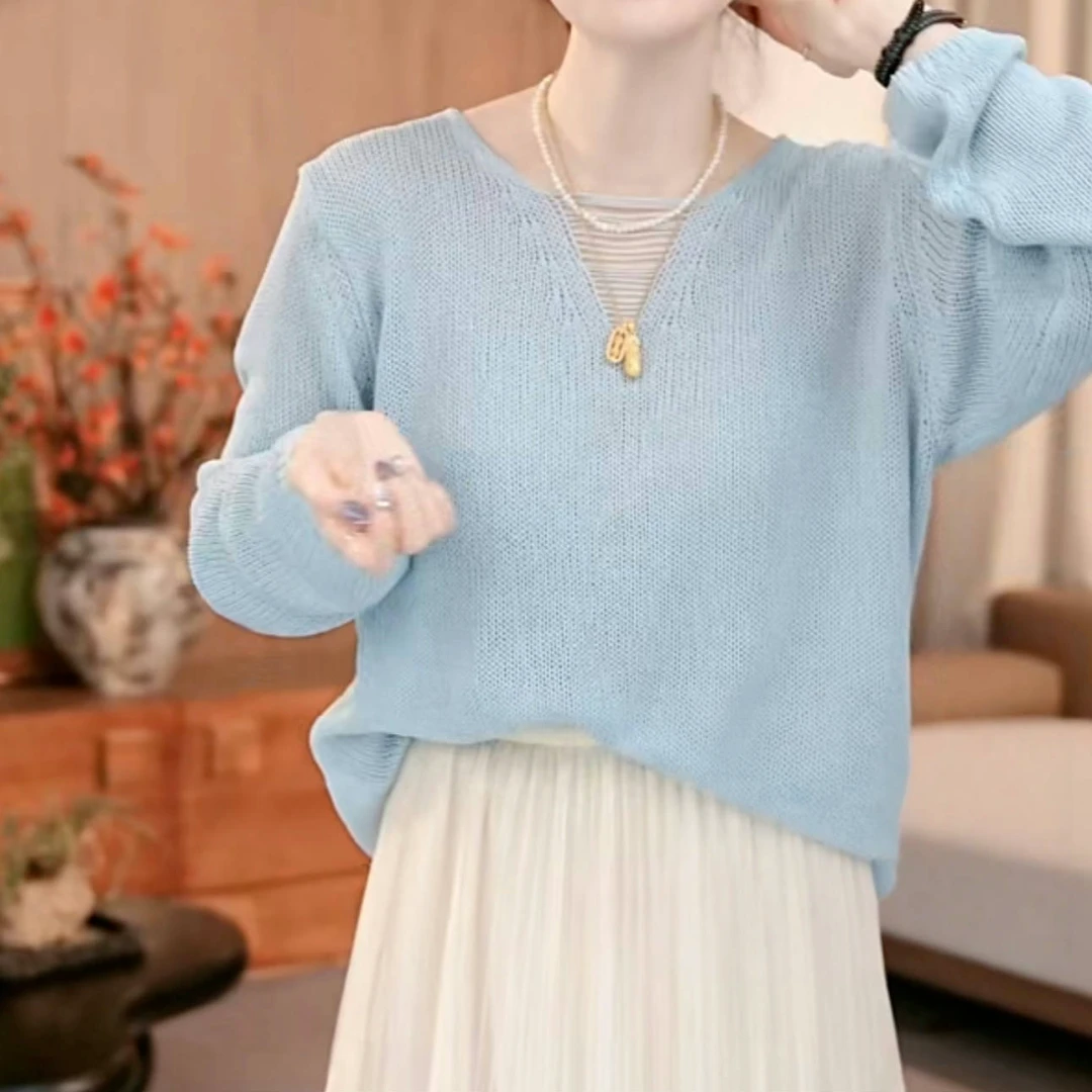 设计感v领亚麻防长袖晒罩衫女春季2025新款套头宽松慵懒风针织衫