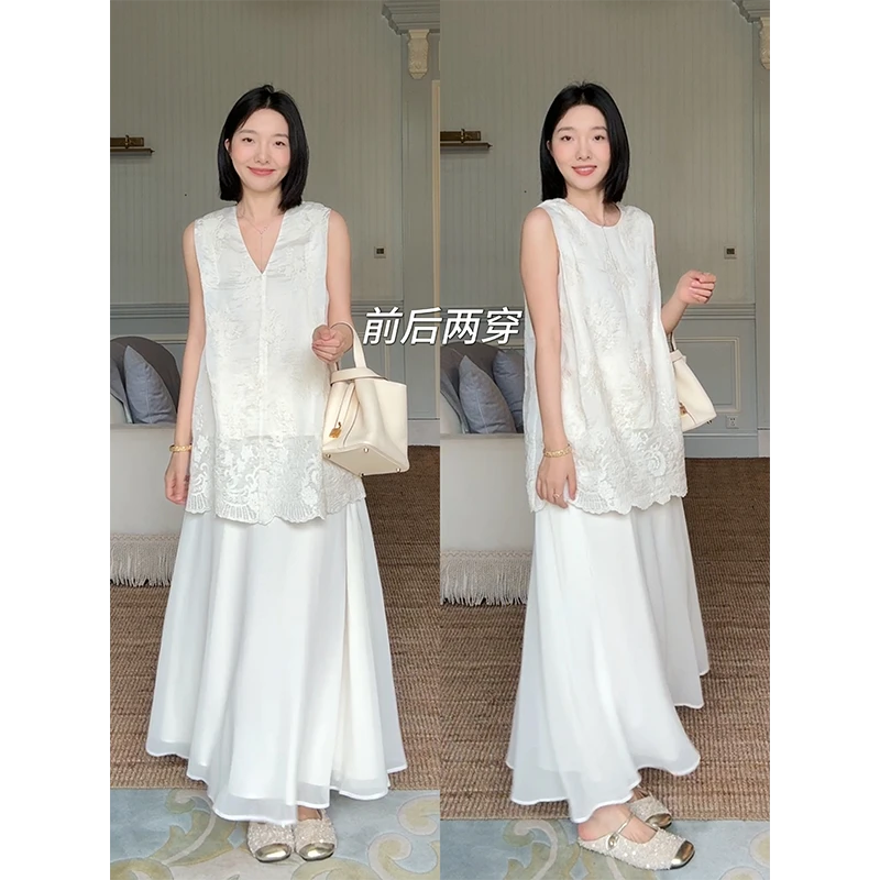 郭九九呢 天丝棉绣花前后两穿无袖上衣飘逸半身裙 G925A06678-1
