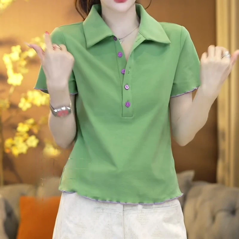 【心动热恋 】夏季纯色轻职风polo领女士百搭短袖T恤LK2502838