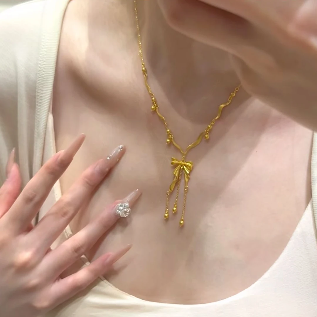 瑞诺黄金蝴蝶结流苏项链足金999在逃公主项链情人节520礼物送女友