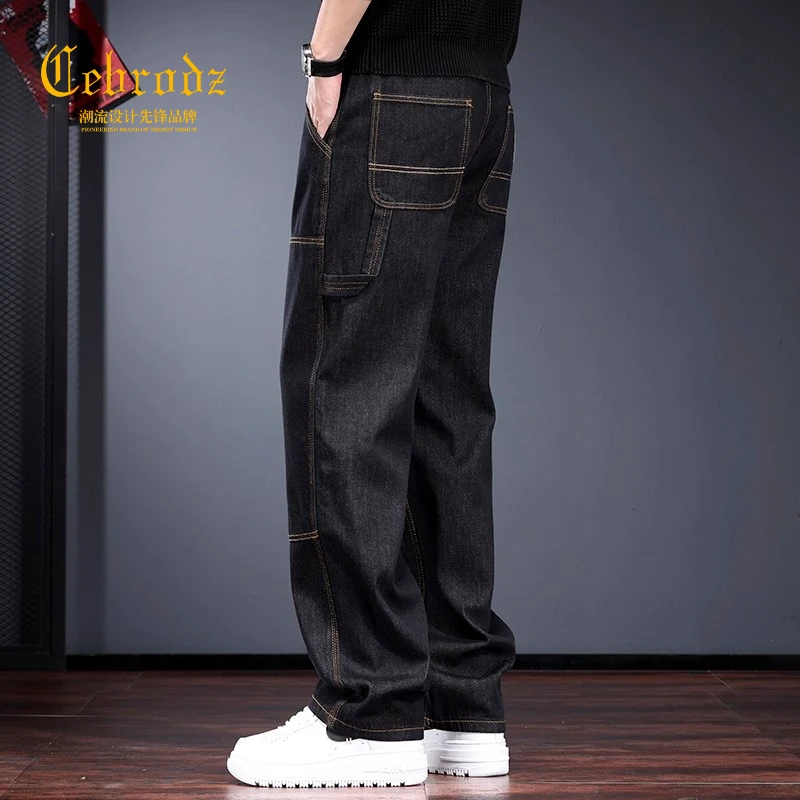 法国Cebrodz美式工装牛仔裤男款秋宽松直筒潮牌拼接垂感阔腿休闲