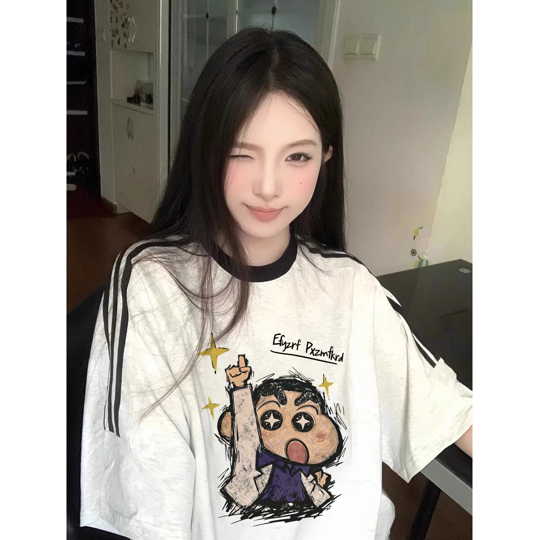 美式复古三条杆短袖t恤女夏季宽松休闲百搭小个子情侣上衣ins