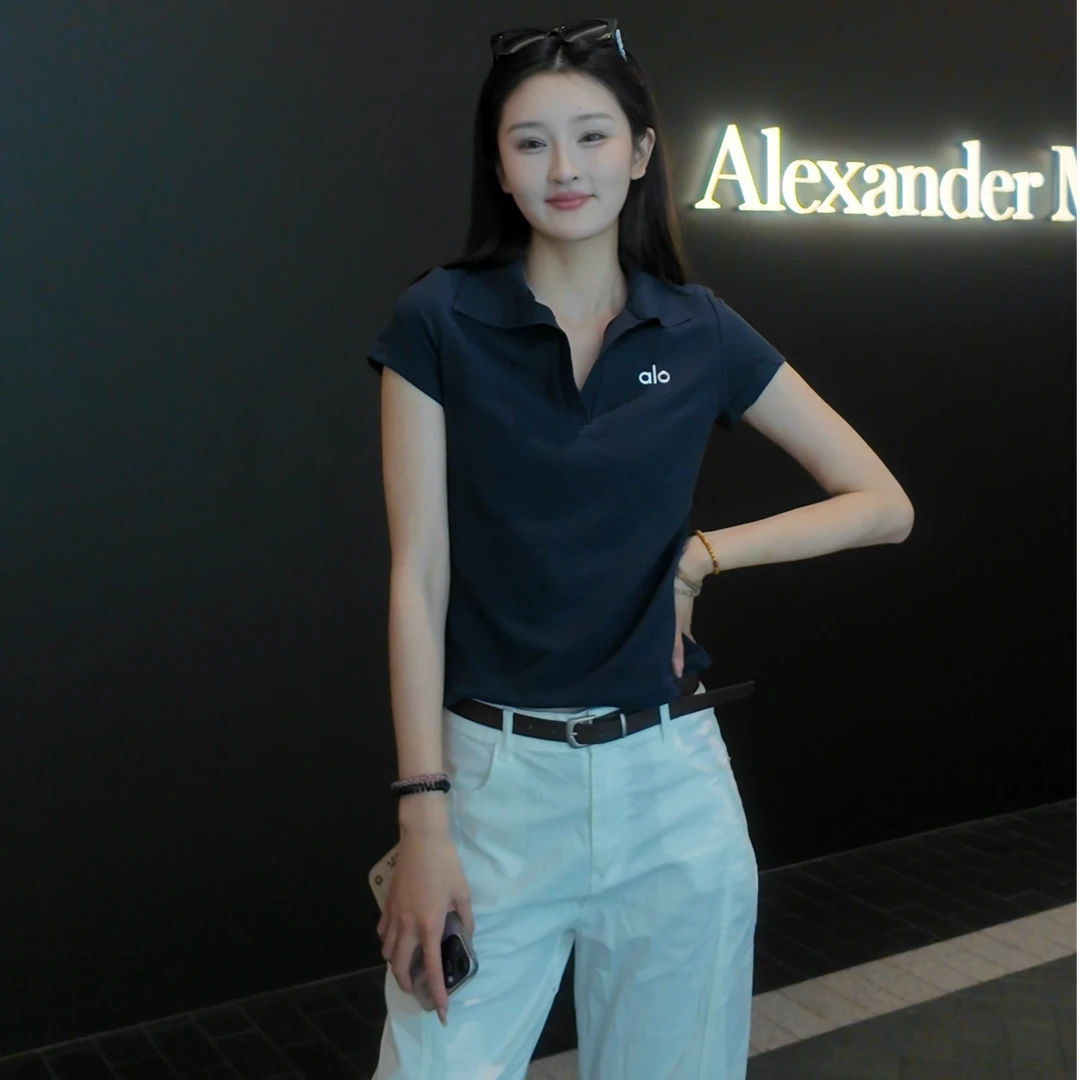 aloot老钱风外套夏季薄款收腰翻领短袖polo衫领t恤pso上衣女装女
