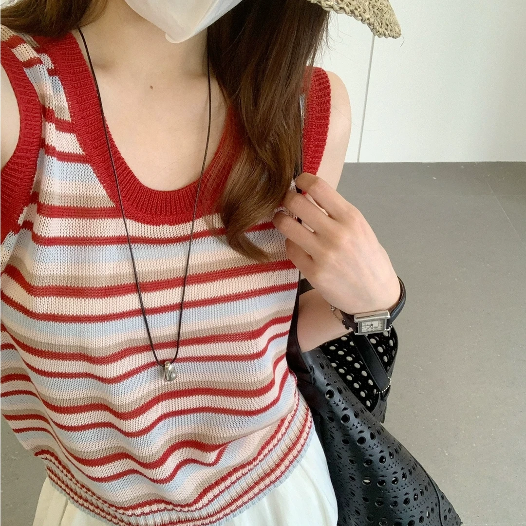 【现货+运费险】韩系红色条纹无袖针织吊带背心女2025夏季薄款上衣