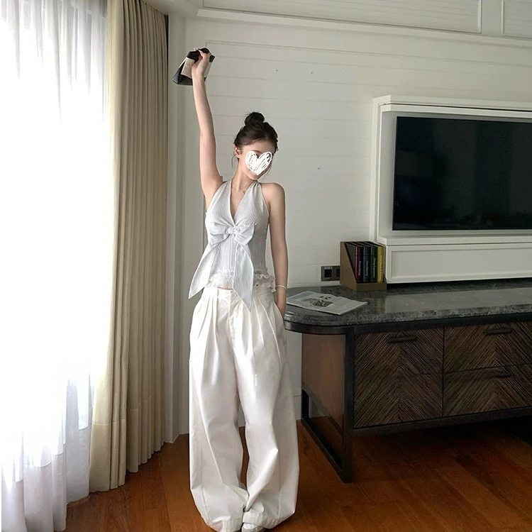 【NYPP】法式V领无袖挂脖吊带+白色宽松裤腿裤+收腰挂脖长裙套装