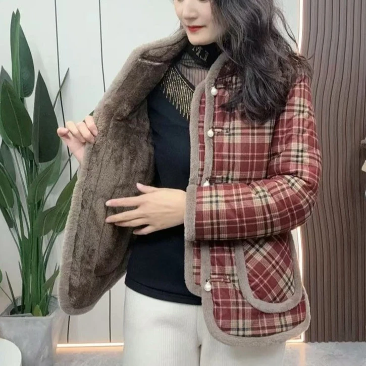 2024冬季新款新中式盘扣格子加绒加厚棉衣时尚百搭棉袄外套气质