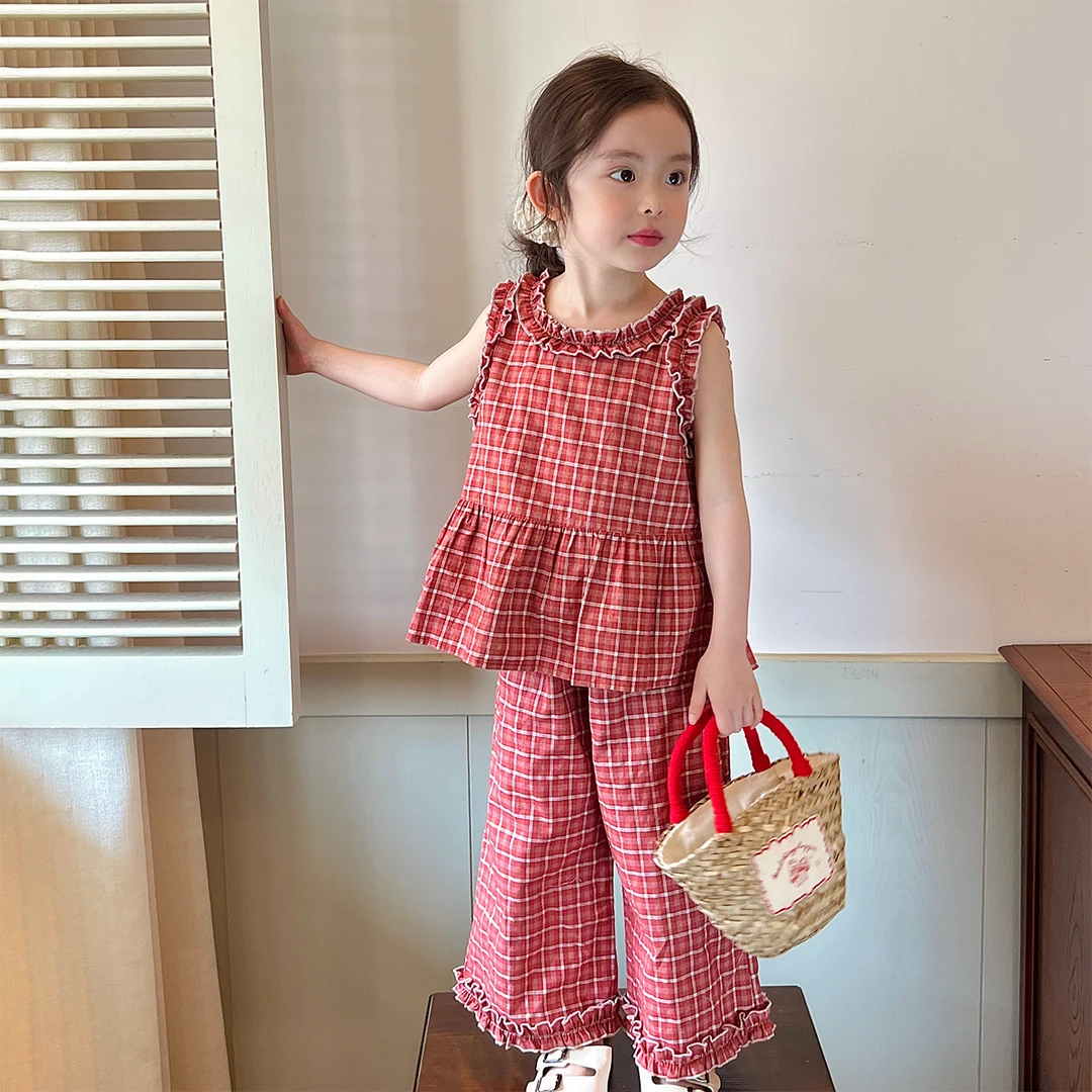 现货【红格子套装】5410女童夏季洋气格子休闲无袖九分裤套装两件套
