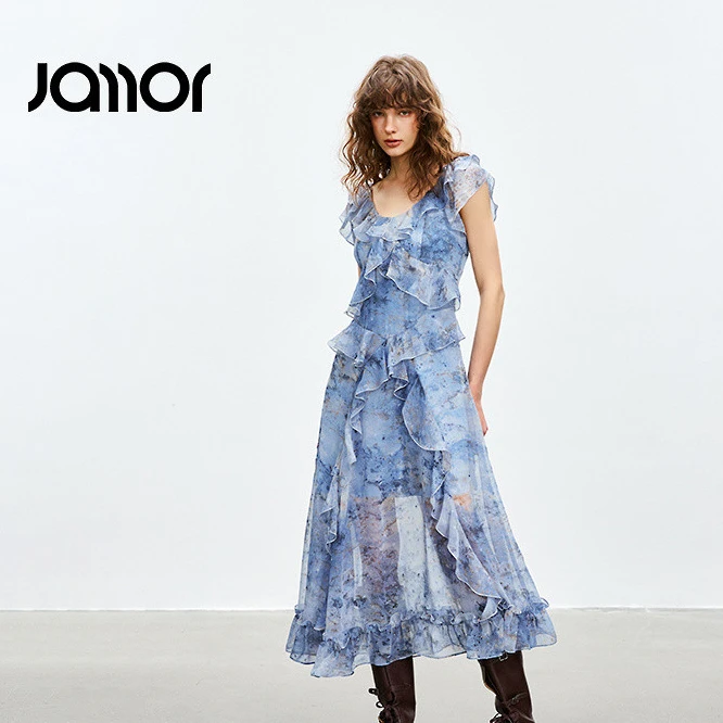 加墨时尚荷叶边碎花连衣裙2025夏季开叉DJL569527