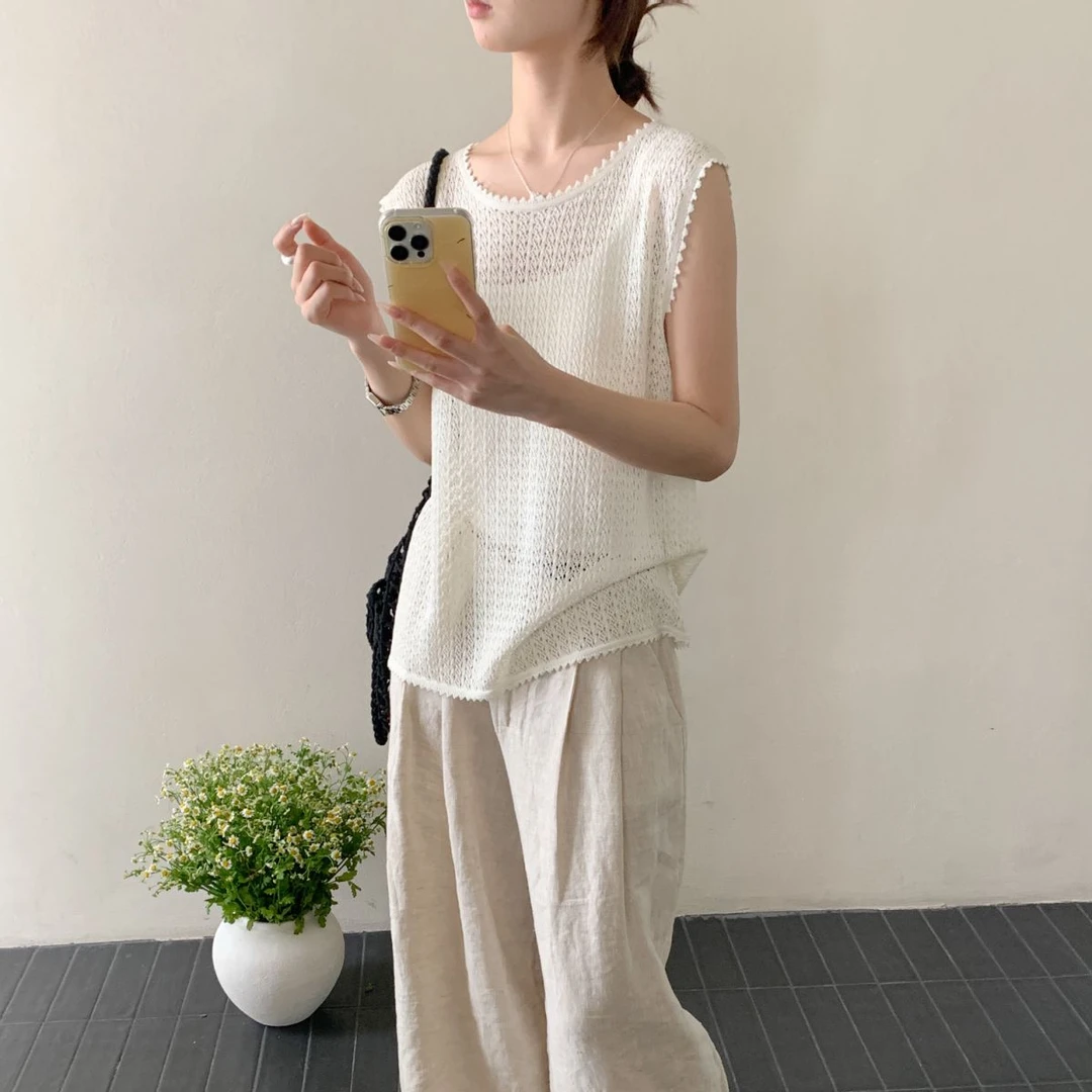 【素简.500168】夏款上新天爽亚麻小碎花边背心透气女装上新针织衫