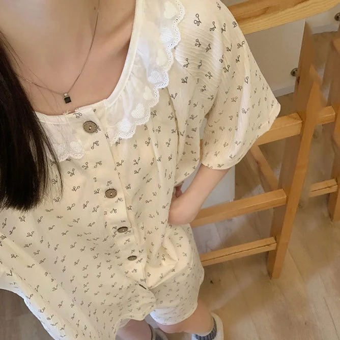 薇妮猪睡衣女夏季樱桃韩版ins风花边圆领开衫甜美少女外穿家居服