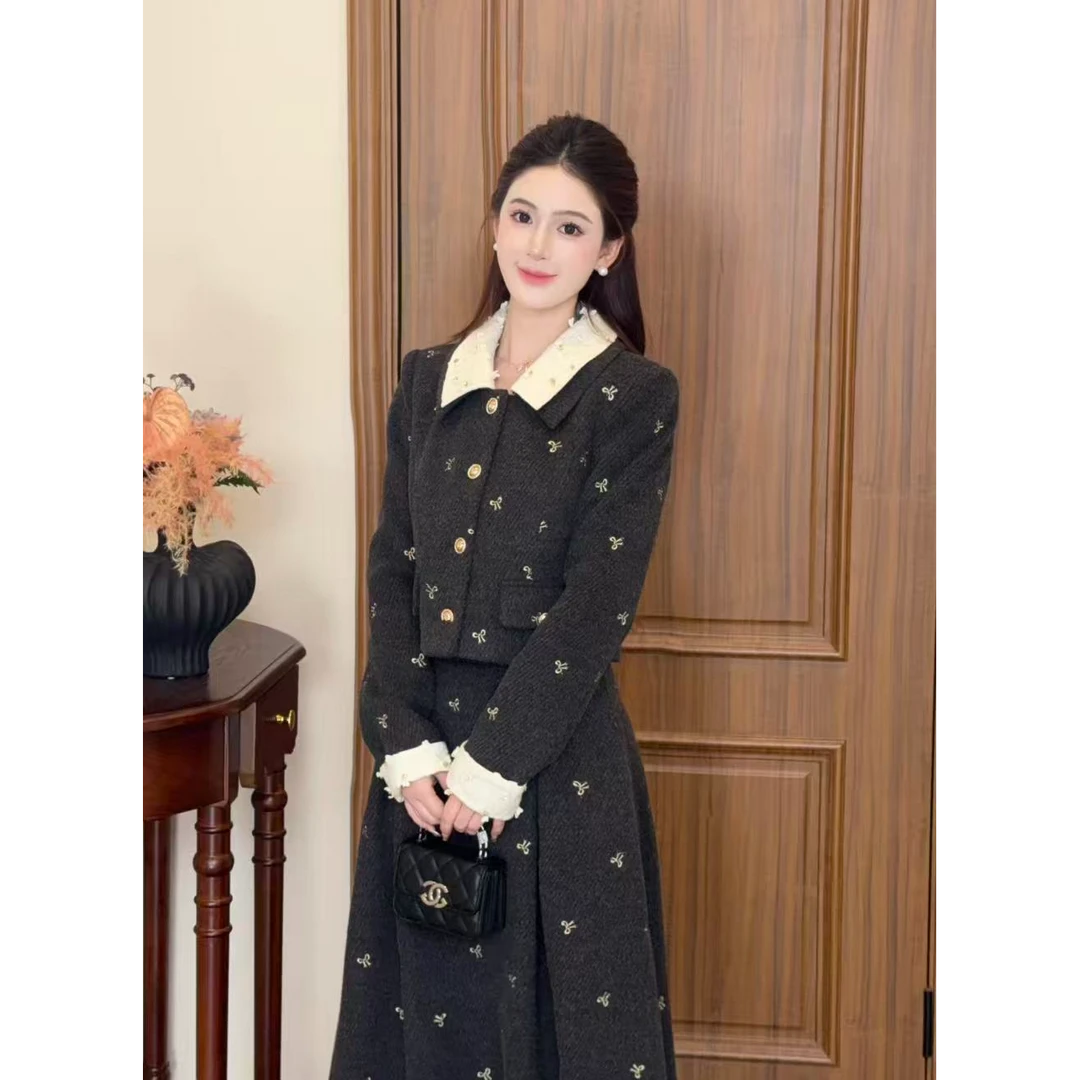 LiLi李李家【罗纳庄园】韩系格雷系灰色毛呢加棉套装XMZH9696