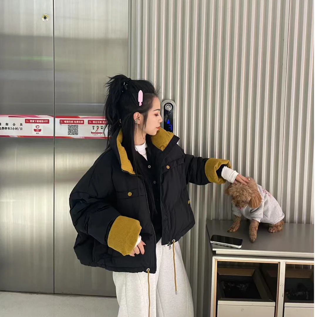 白鸭绒韩版撞色立领加厚外套新款小个子洋气鸭绒面包服冬季短款