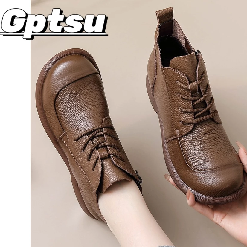 GPTSu妈妈鞋秋冬季时尚新款真皮软底短靴加绒皮鞋中老年圆头单靴