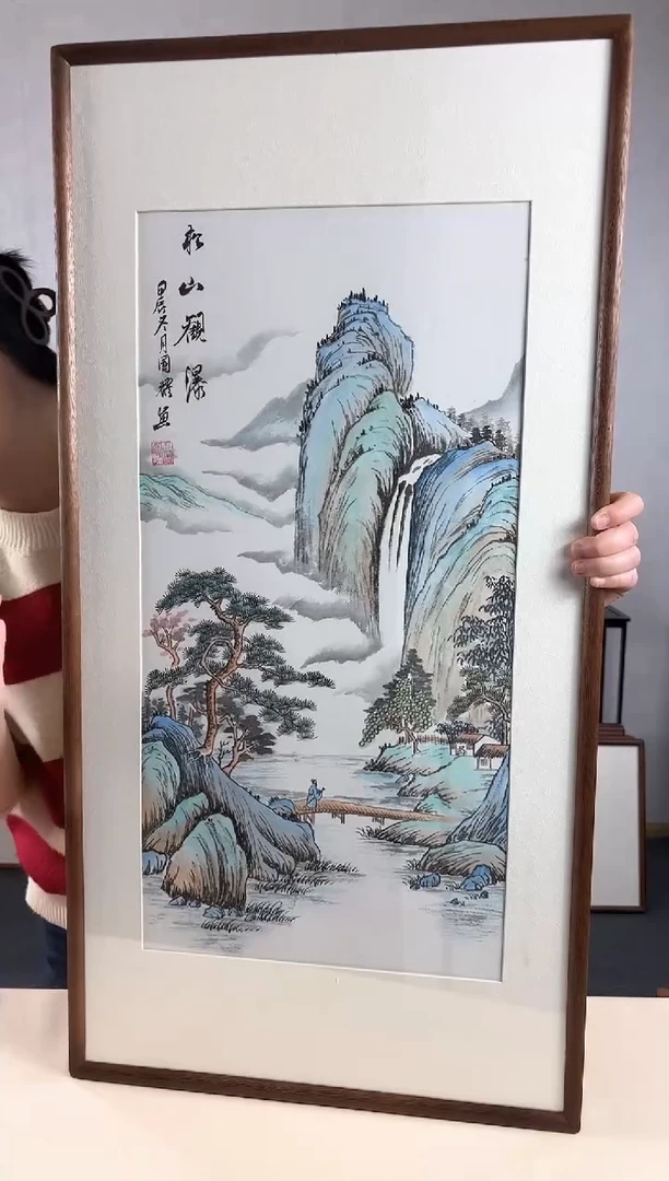 【闪购商品】国画手绘*松山观瀑*47*92cm实木框