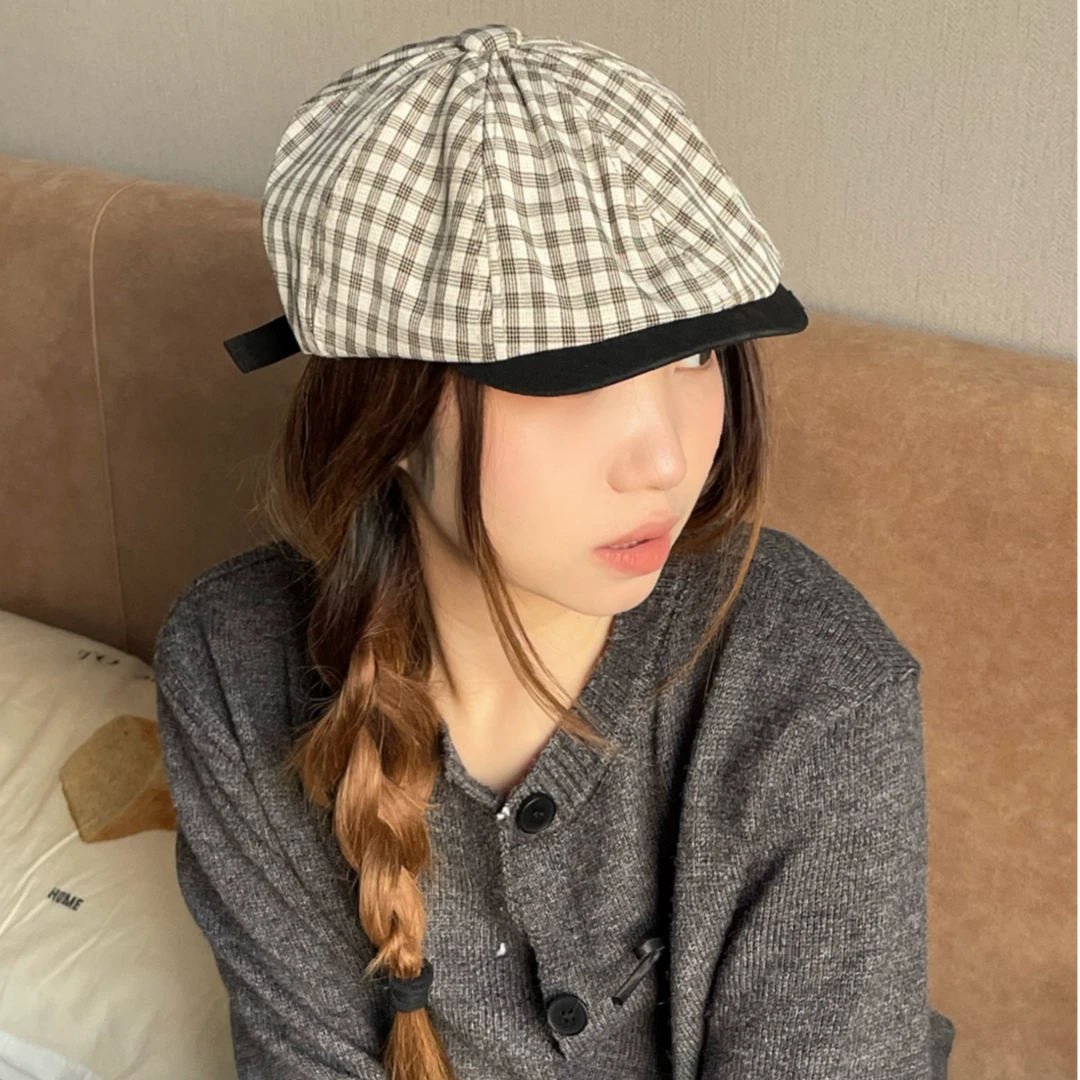 贝雷帽复古秋季格纹报童帽ins风帽子黑白千鸟格渔夫帽日系ins