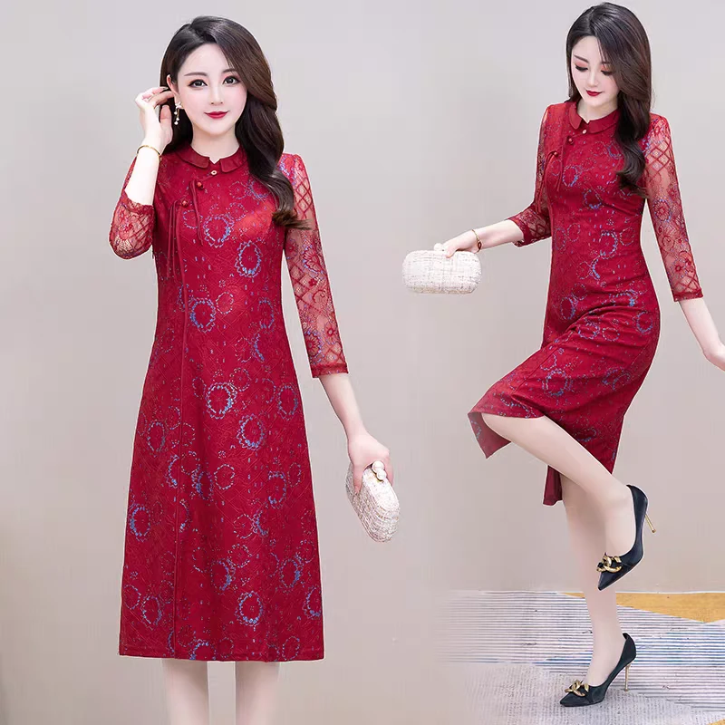 A282 旗袍连衣裙女春秋新款春装洋气高贵