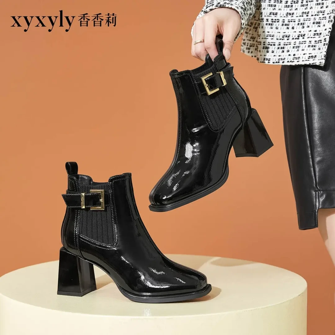 香香莉28390短靴漆皮时装靴女靴高跟冬季中跟时尚加绒秋冬英伦风