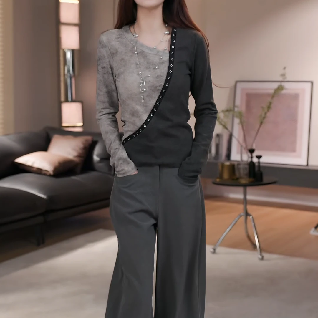 2025秋季女早秋时尚撞色百搭休闲洋气长袖T恤假俩件上衣LK2505962