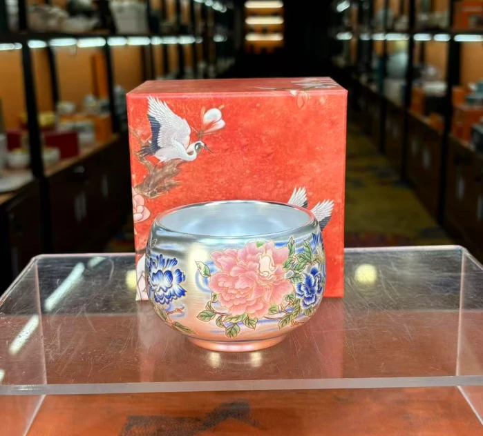 茗香瓷器 粉彩牡丹银主人杯杯禅定杯-2482