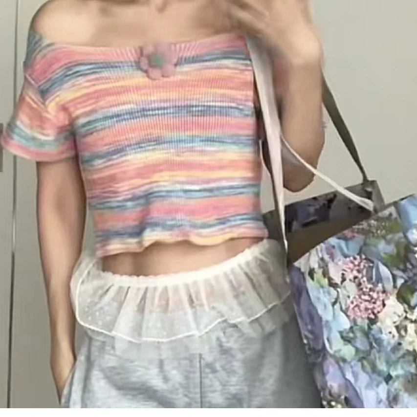 夏季新款条纹正肩气质针织衫短袖