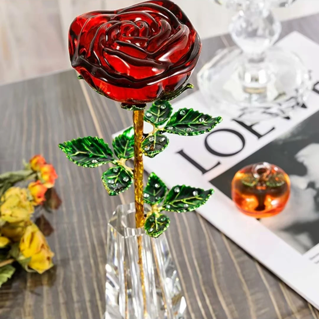 高档轻奢时尚水晶红玫瑰花创意家居酒柜玄关书柜个性装饰摆件