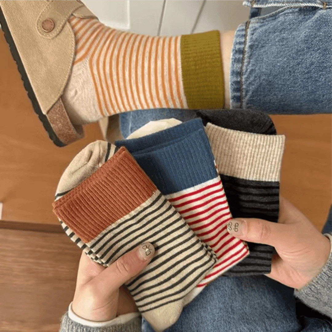 8双装 春夏ins潮流韩版条纹袜子女撞色中筒袜网红中筒女袜