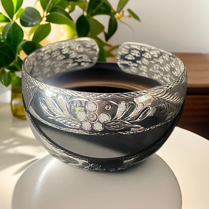 足银手镯 宽版妈妈手镯 足银999亮面时尚民族风精美实心银制品