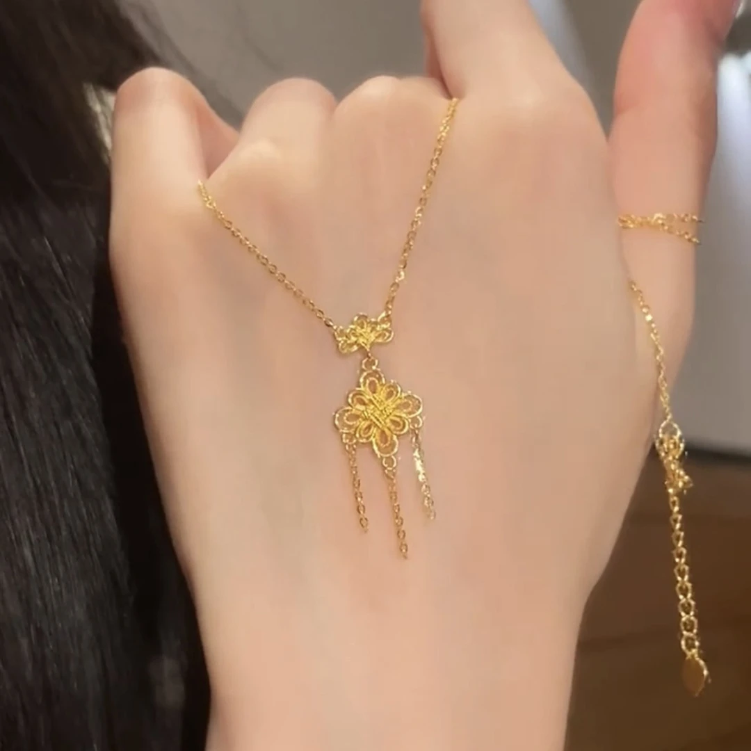 铜合金项链 新中式金色中国结流苏项链复古轻奢高级感精致锁骨链