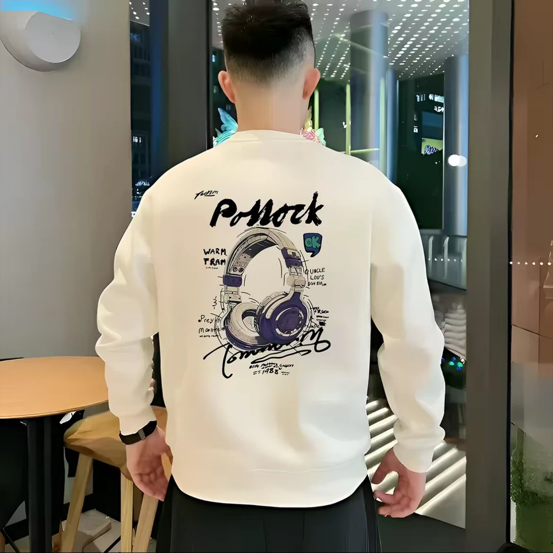 2025男生新款春秋圆领无帽卫衣宽松休闲时尚小众轻奢潮牌印花T恤