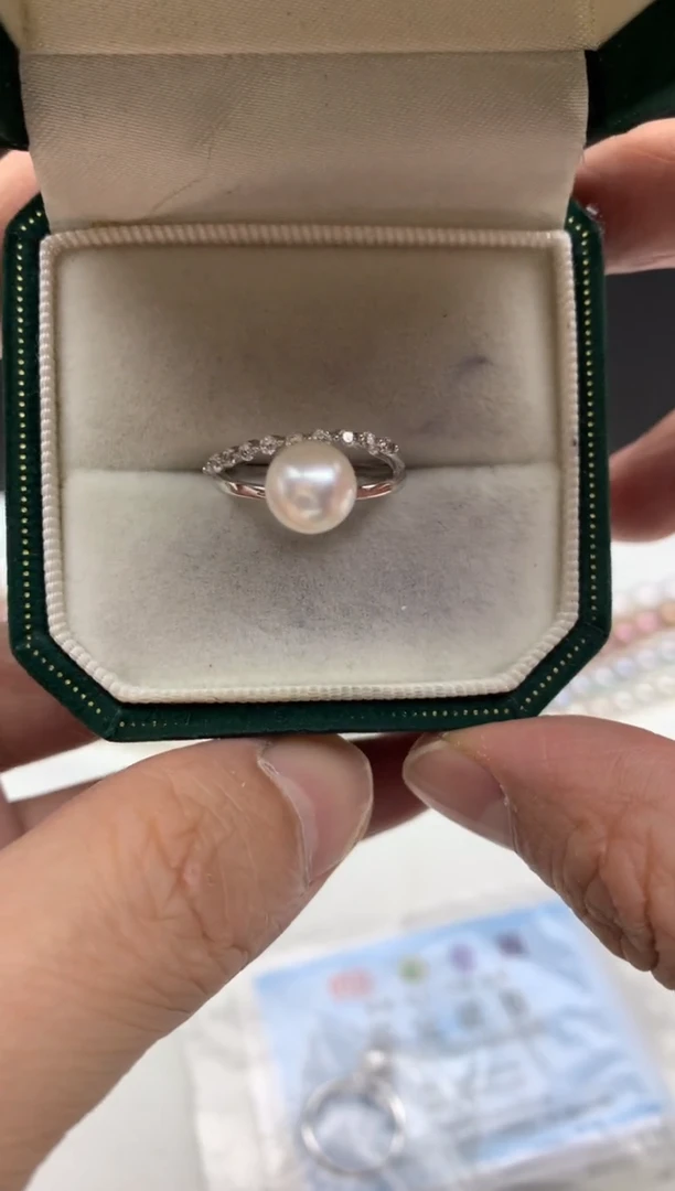 银S925镶嵌ff海水珍珠akoya白珠戒指7~8mm