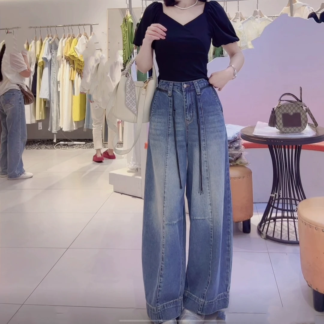 【松弛感】夏季复古宽松阔腿牛仔裤配腰绳牛仔裤