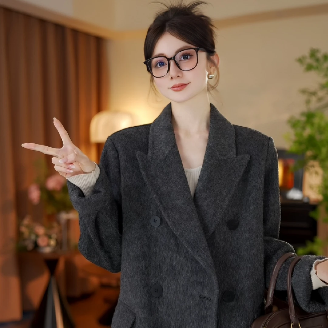 Lu#【 鹿鸣】双面羊毛枪驳领正肩垫肩6粒扣韩版大衣
