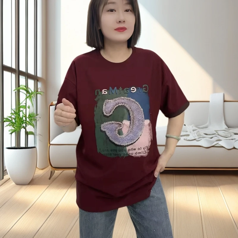 早春款圆领短袖宽松显瘦字母印花T恤休闲中长款上衣时尚百搭大码