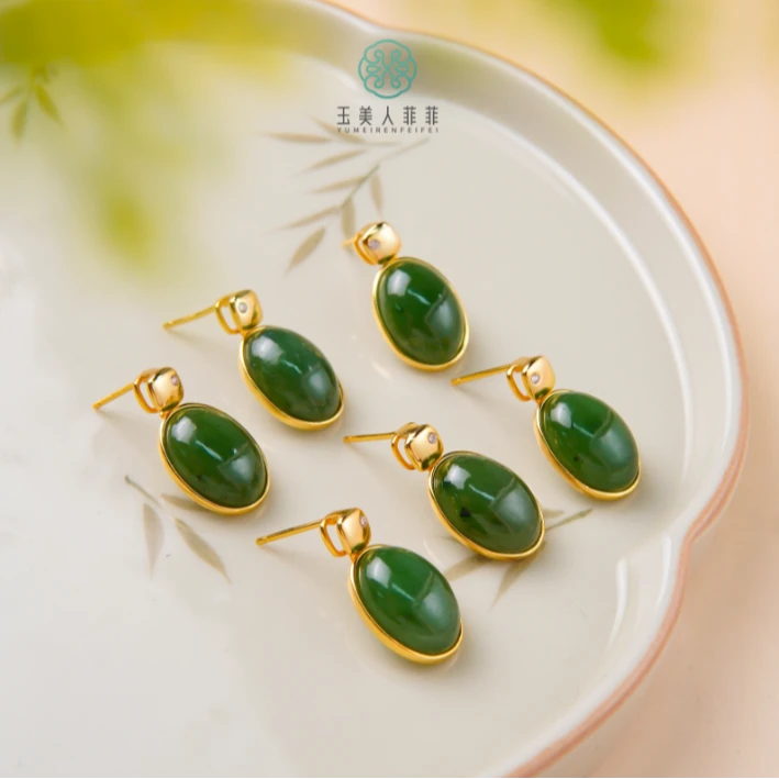 石惑珠宝%和田玉耳坠蛋面耳钉约13*10mm%多样性发一