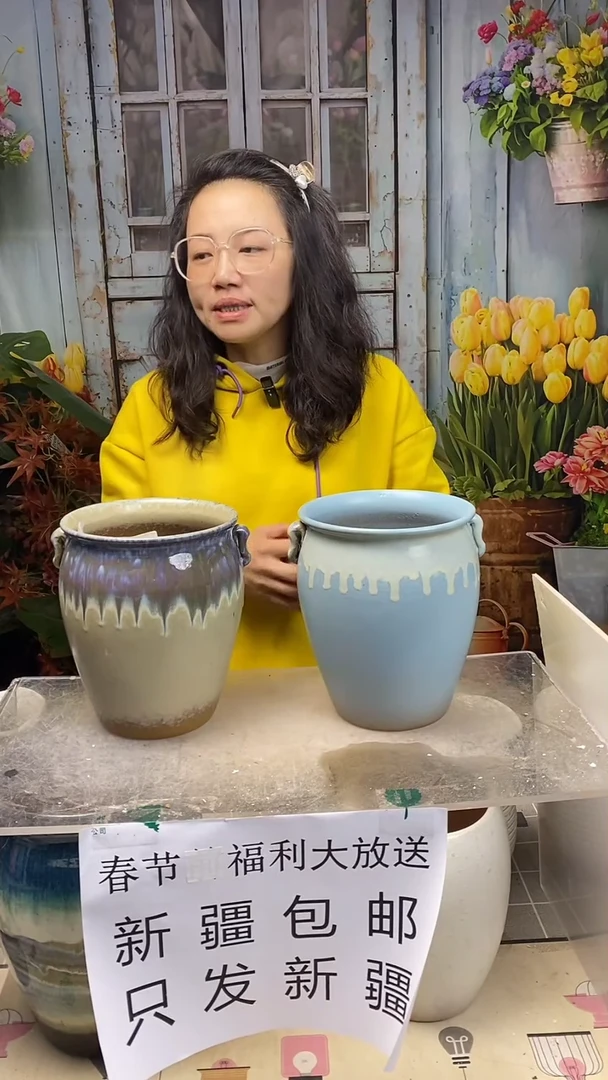 【闪购商品】红陶黄蓝山水双耳陶盆2个装  口17高21