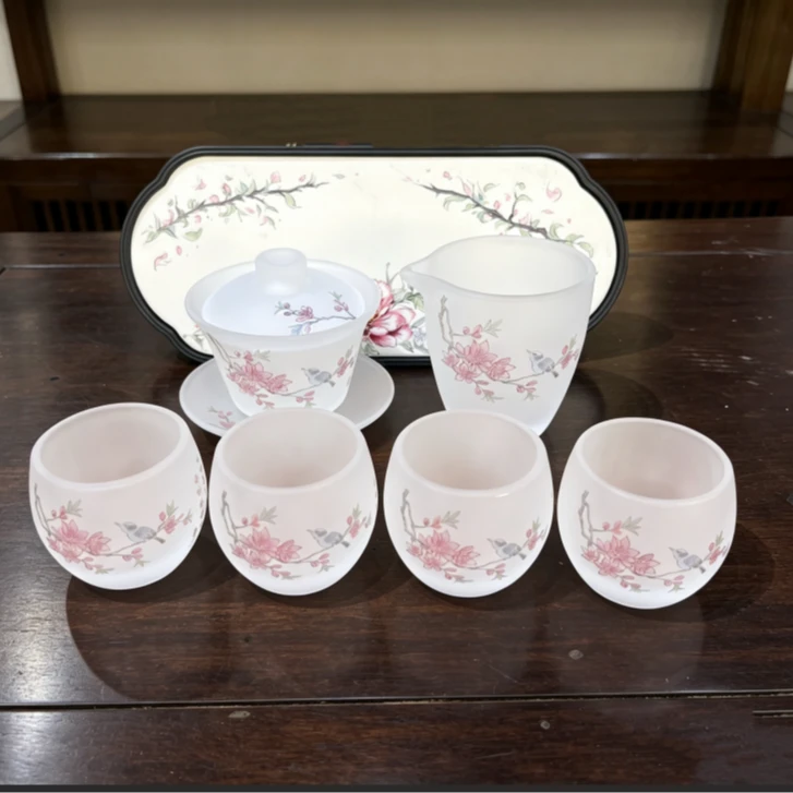 心名 喜上眉梢琉璃盖碗+公杯+4杯+盘-0425
