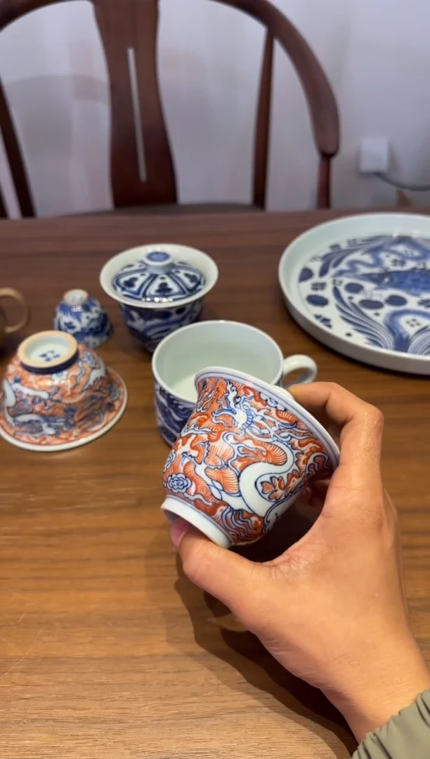 溪蘭仰元 青花矾红海水游龙高盖碗