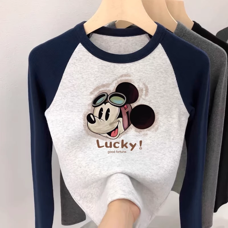 插肩撞色长袖T恤女春秋季新款修身显瘦小众设计感打底衫上衣短款