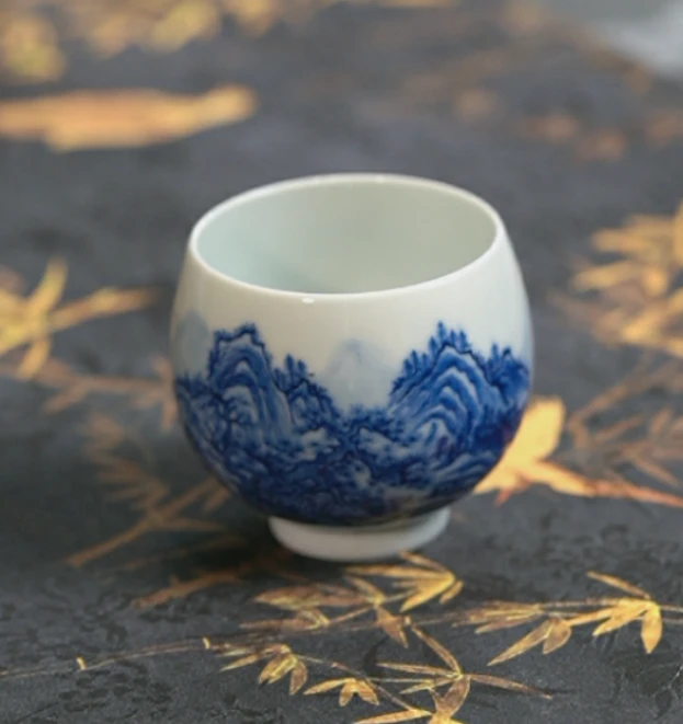 鸿玉堂青花山水杯景德镇茶具家用饮茶主人杯中式