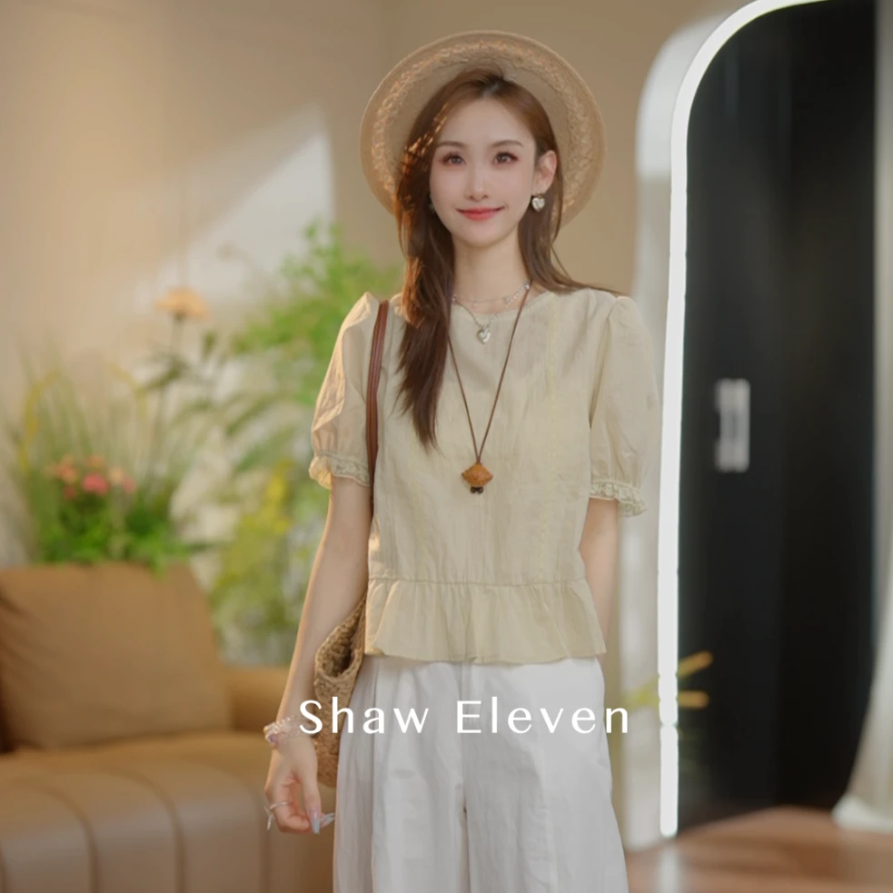 12T【记事本】2025夏新法式圆领蕾丝花边感棉布上衣M2552