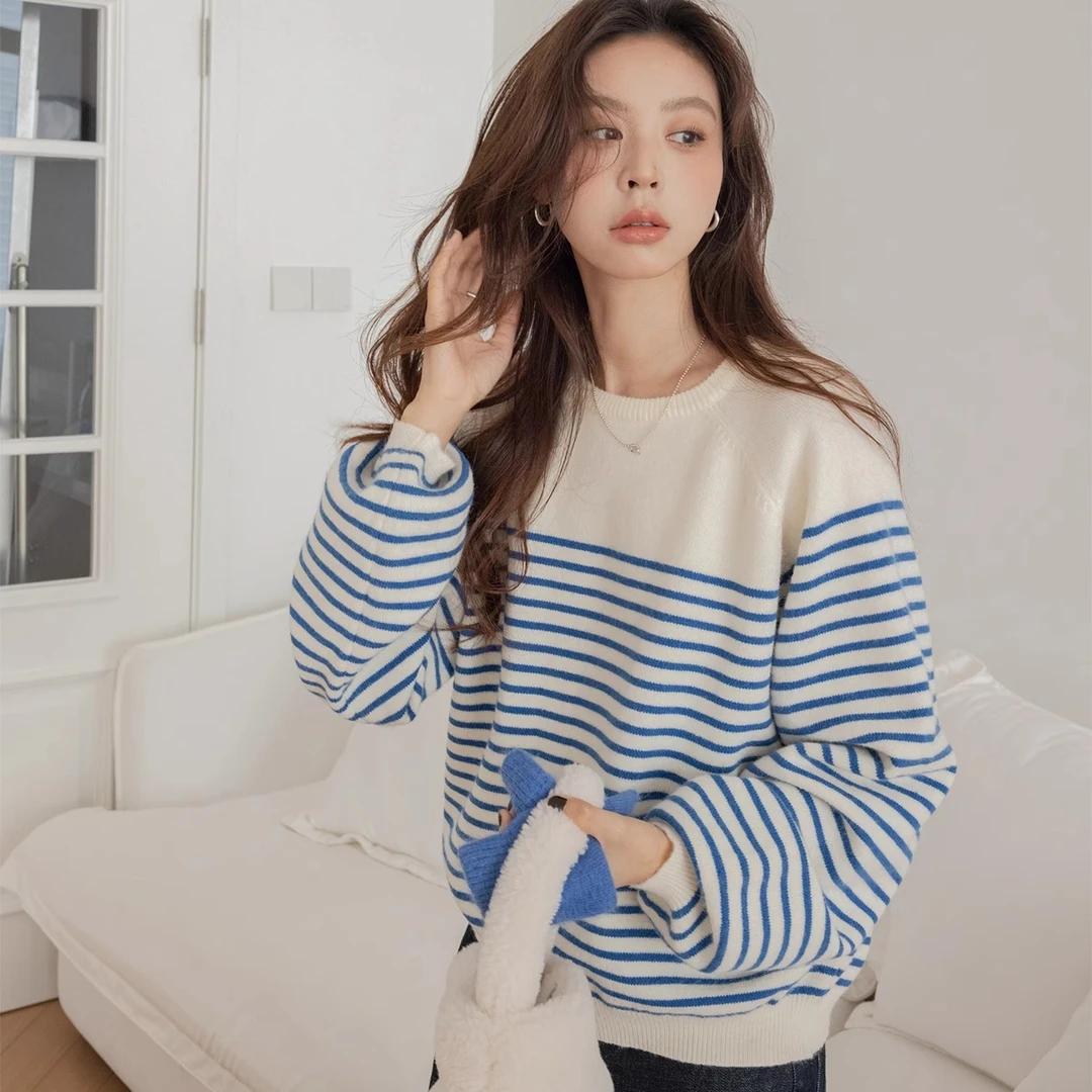 撞色条纹针织毛衣女2025年新款时尚春秋季宽松圆领慵懒高级感上衣
