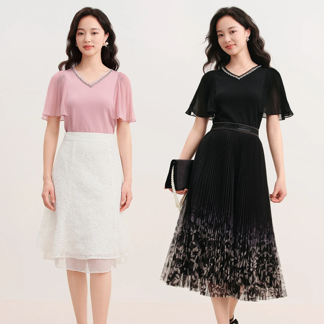 【晨粉专享价】珂莱蒂尔2025年夏季新款飞飞袖时尚设计感冰丝针织衫