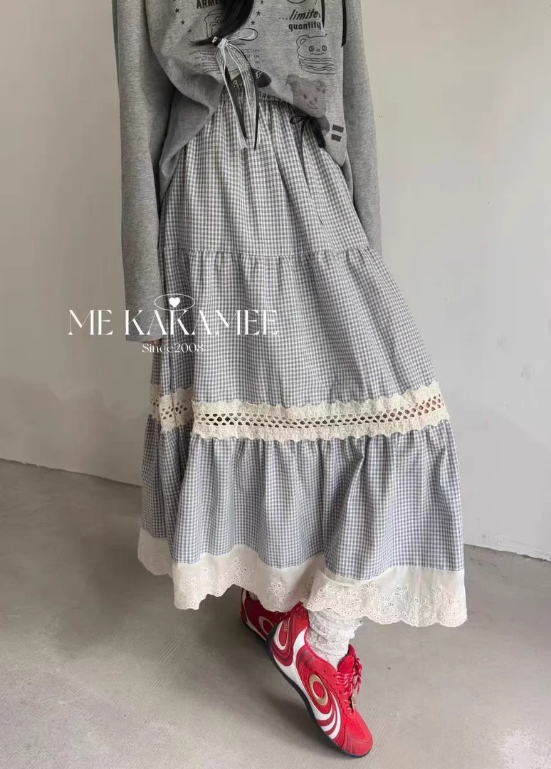复古格子日系百褶半身裙高腰显瘦蕾丝拼接垂感大摆伞裙韩版裙子