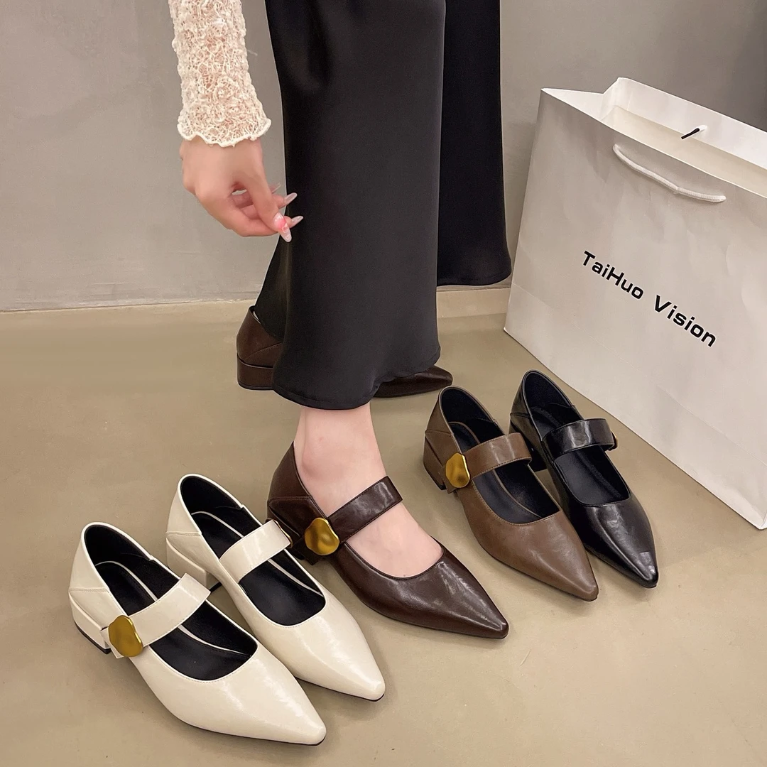 2025春季新款浅口一字带尖头粗跟时尚单鞋女软底中跟玛丽珍鞋