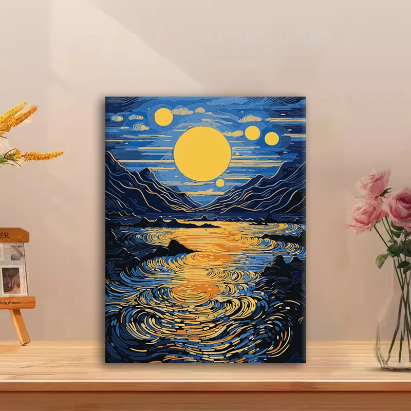 (月与湖）diy数字油画手绘填色解压治愈手工礼物丙烯客厅装饰画