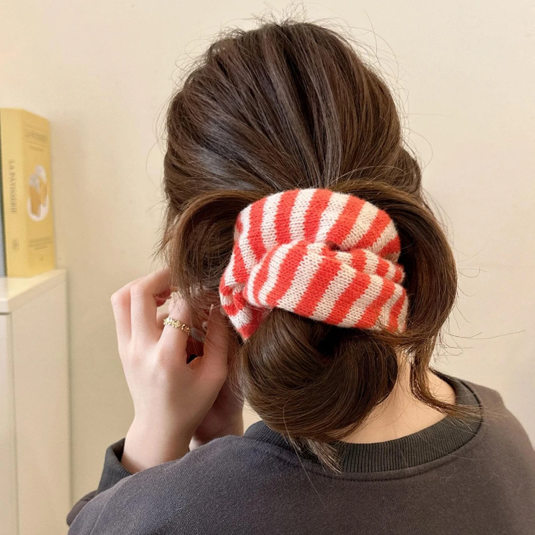 韩系针织撞色条纹大肠发圈女秋冬洋气时尚扎头发绳皮筋高级感头花