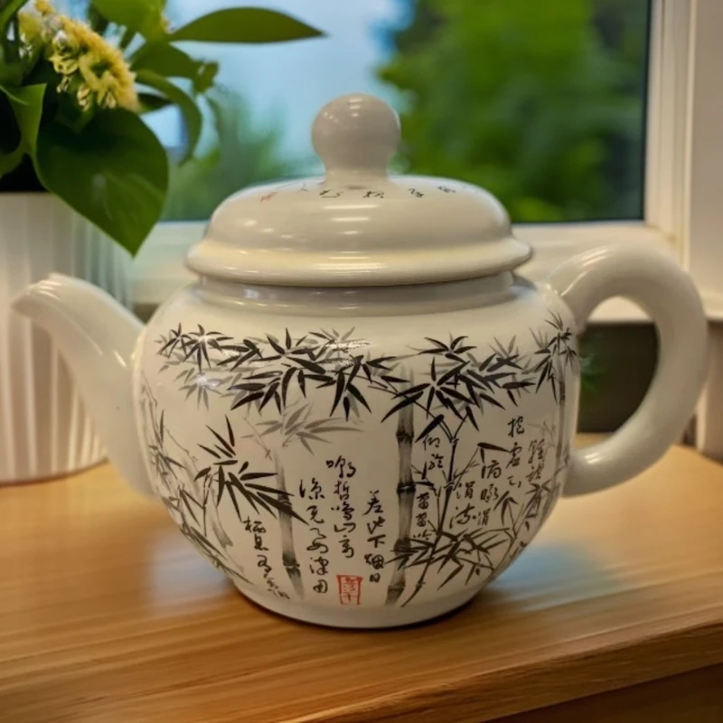 竹韵手把壶陶瓷精美喝茶器具家用绿色手绘蝶恋花龙纹白瓷柴1915