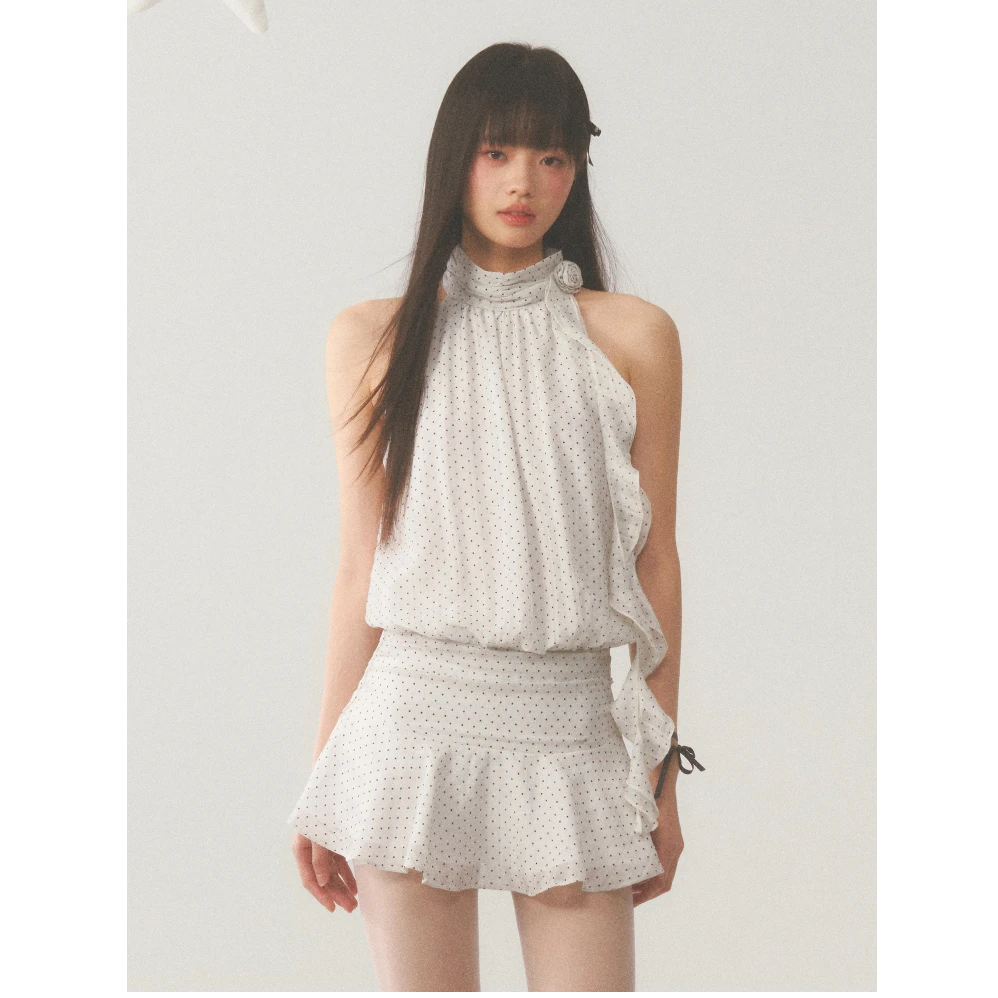 pinkmoon|挂脖连衣裙女夏季无袖短裙法式辣妹设计感气质波点裙子