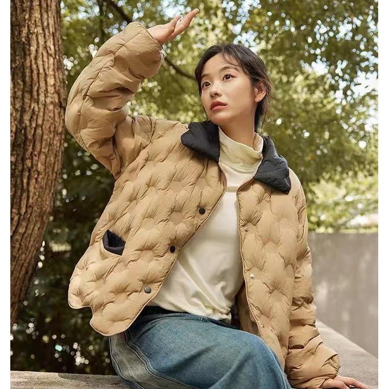 2024冬季新款不规则拼接棉服女显瘦复古气质翻领外套设计款