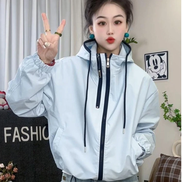 拼色连帽冲锋衣外套女欧洲站2025春季新款韩版百搭休闲双拉链夹克